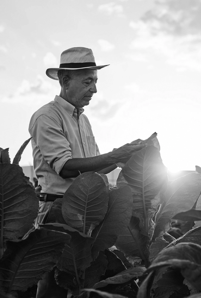 Black and white photo of a man in a hat standing in a field.